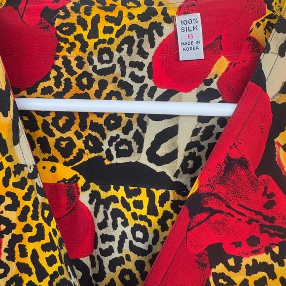 ADRIANNA PAPELL | 100% SILK Vintage Cheetah Multi-Print Floral Wrap Dress - Picture 11 of 13
